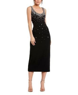 Mac Duggal Beaded Crepe Scoop Neck Sleeveless Midi Dress