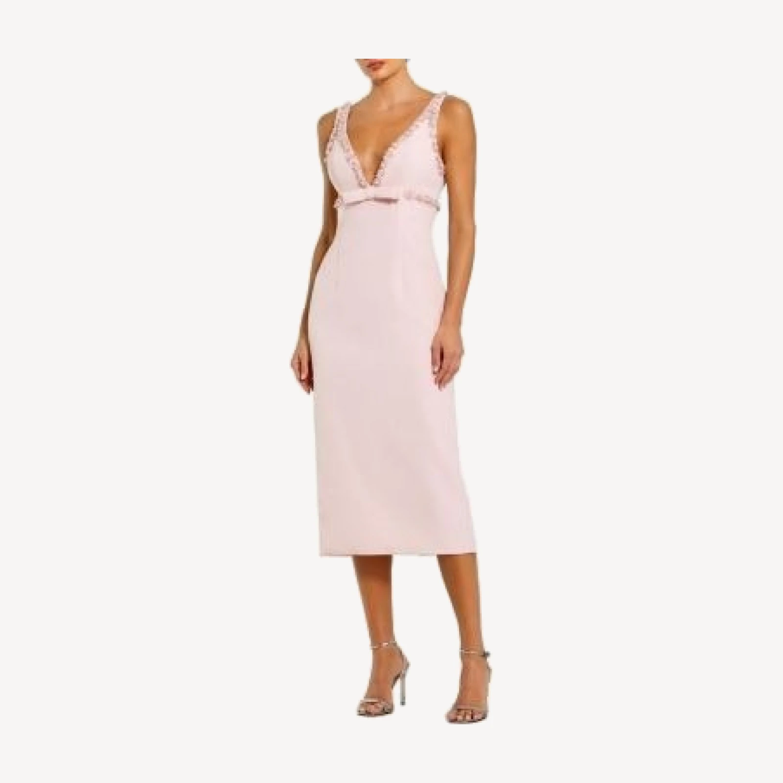 Mac Duggal Crepe Fitted Midi Dress with Bow And Beaded Trim