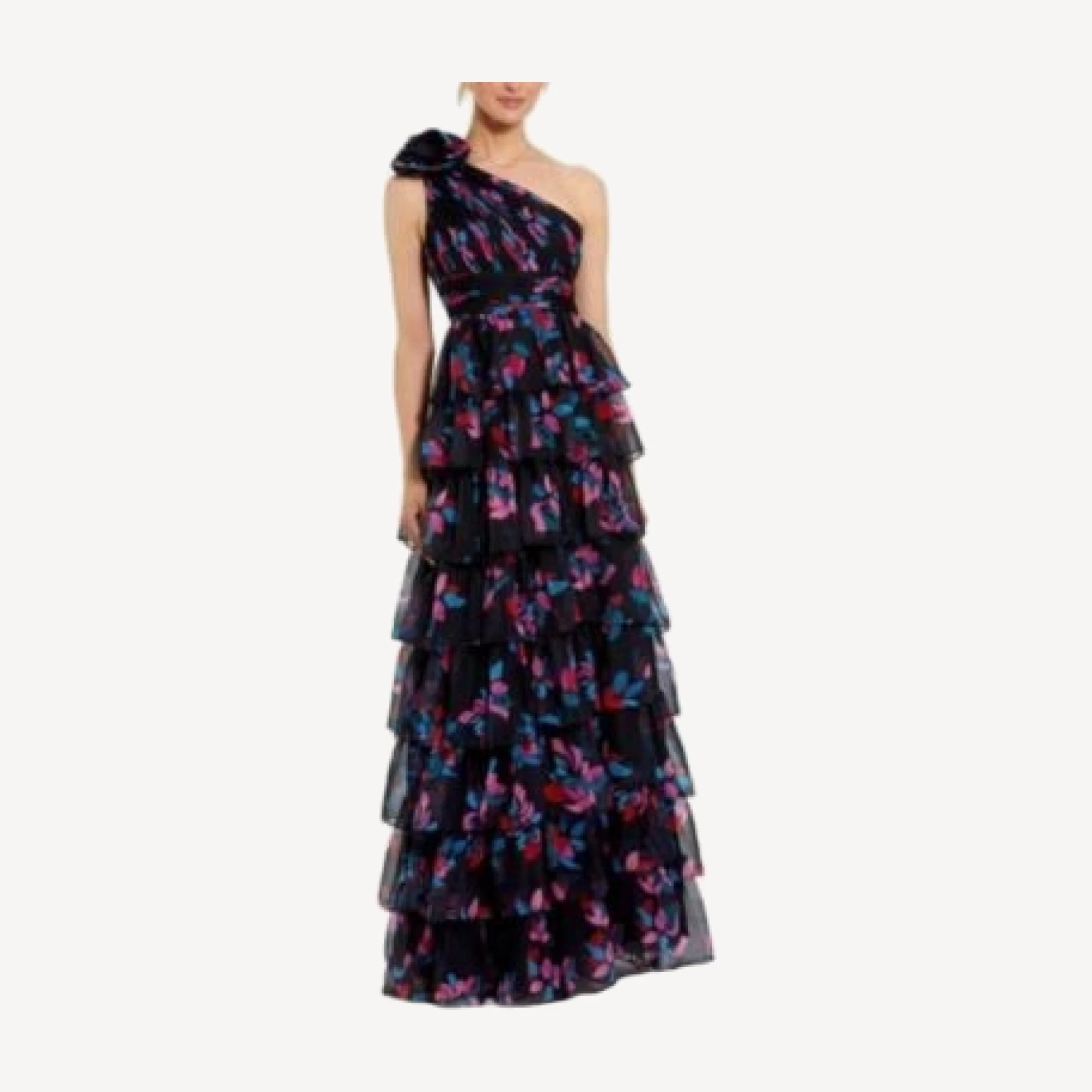 Mac Duggal One Shoulder Printed Chiffon Tiered Ruffle Gown