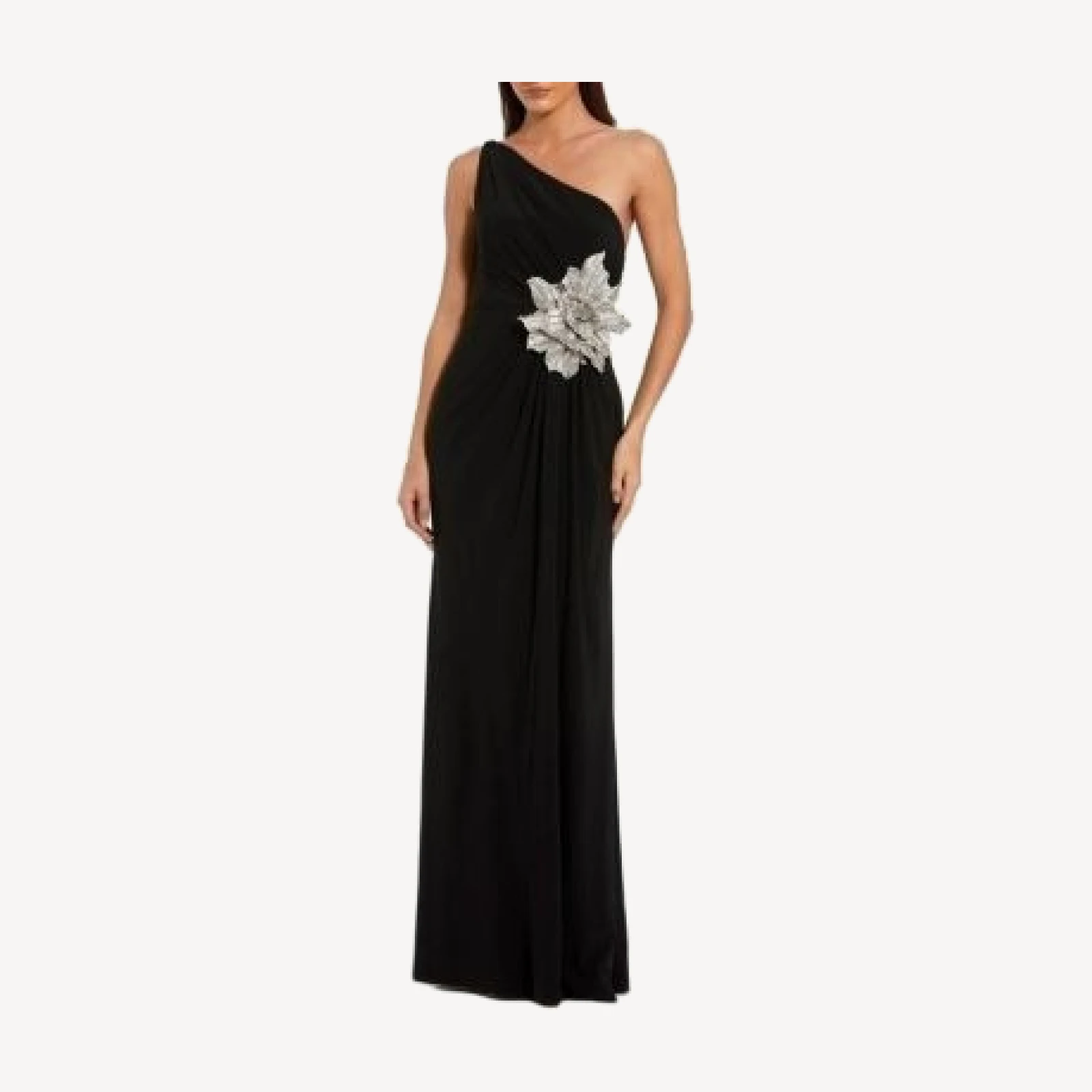 Mac Duggal Jersey One Shoulder Gown with Rhinestone Flower