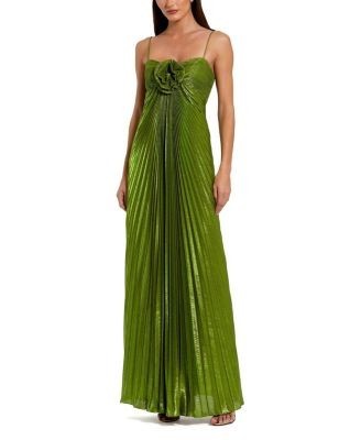 Mac Duggal Thin Strap Pleated Metallic Gown with 3D Flower
