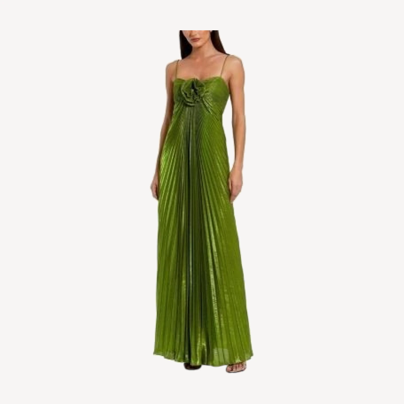 Mac Duggal Thin Strap Pleated Metallic Gown with 3D Flower
