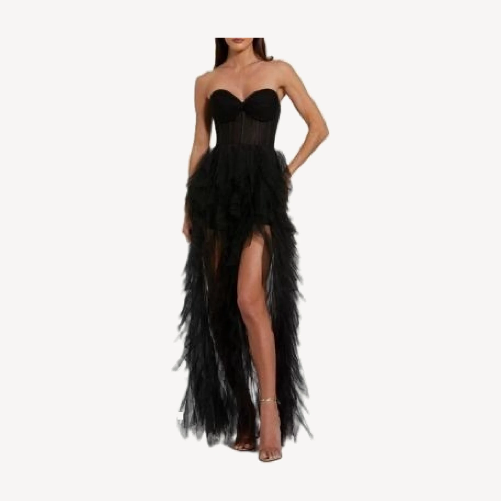 Mac Duggal Strapless Bustier Net Gown With Spiral Ruffles
