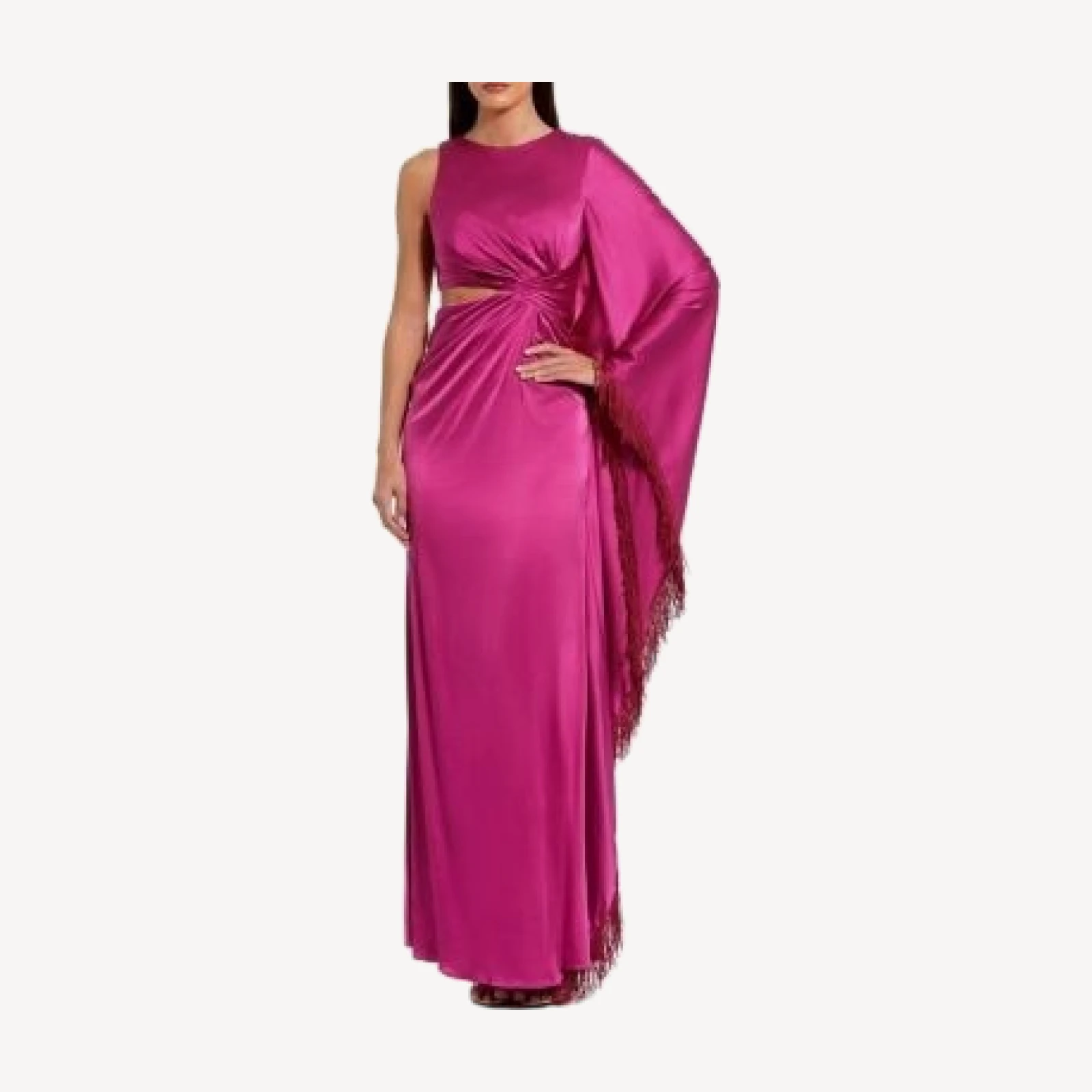 Mac Duggal Charmeuse Kaftan Sleeve Assymetrical Fringe Gown