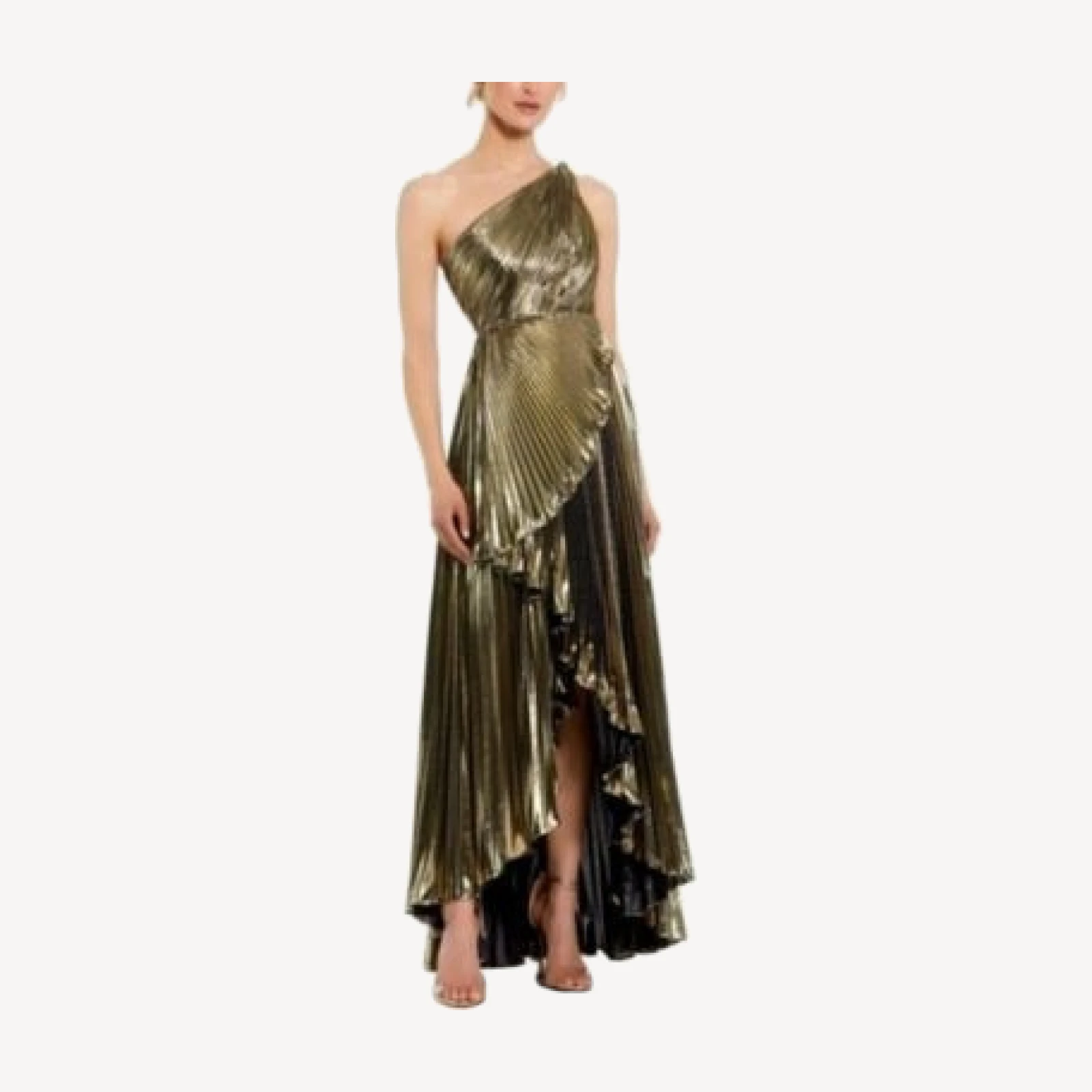 Mac Duggal Metallic Pleated Ruffle Hem One Shoulder High Low Gown