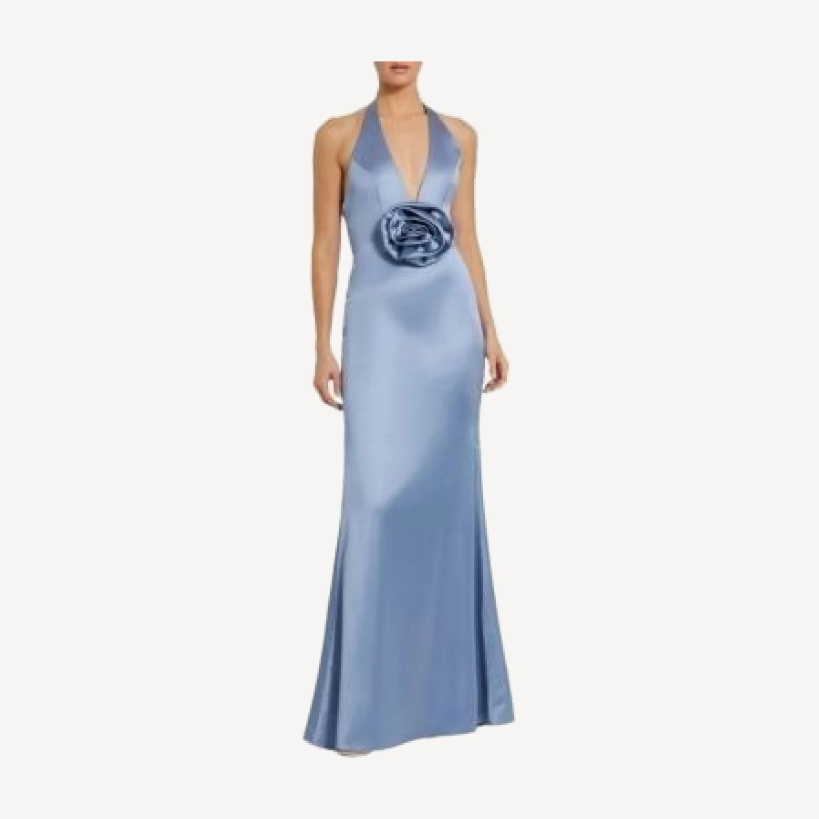 Mac Duggal Fitted Satin Sleeveless Halter Gown with 3D Flower
