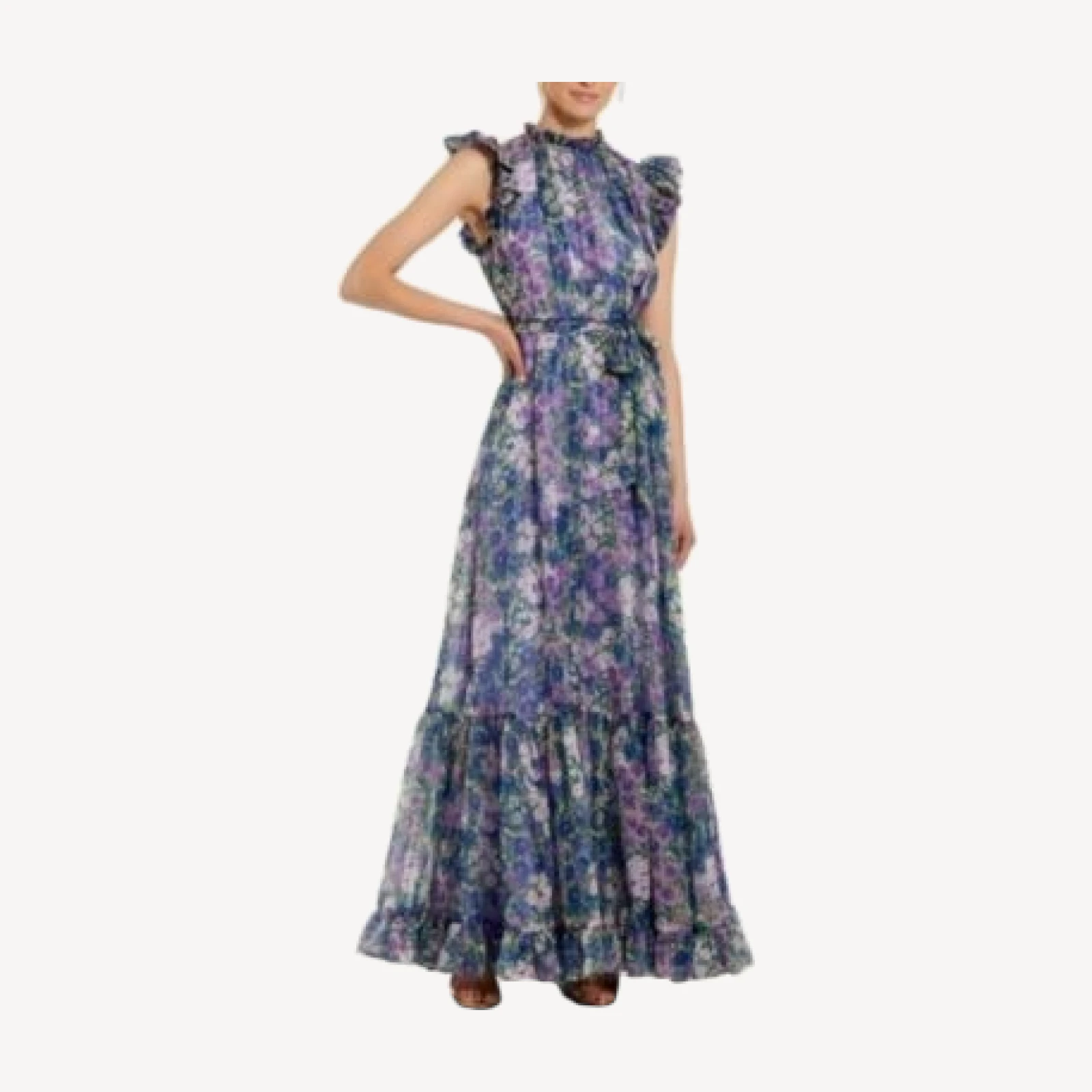 Mac Duggal Printed Chiffon Ruffle Sleeve with Bow Belt Gown