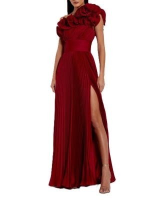 Mac Duggal Pleated Charmeuse One Shoulder Ruffle Gown