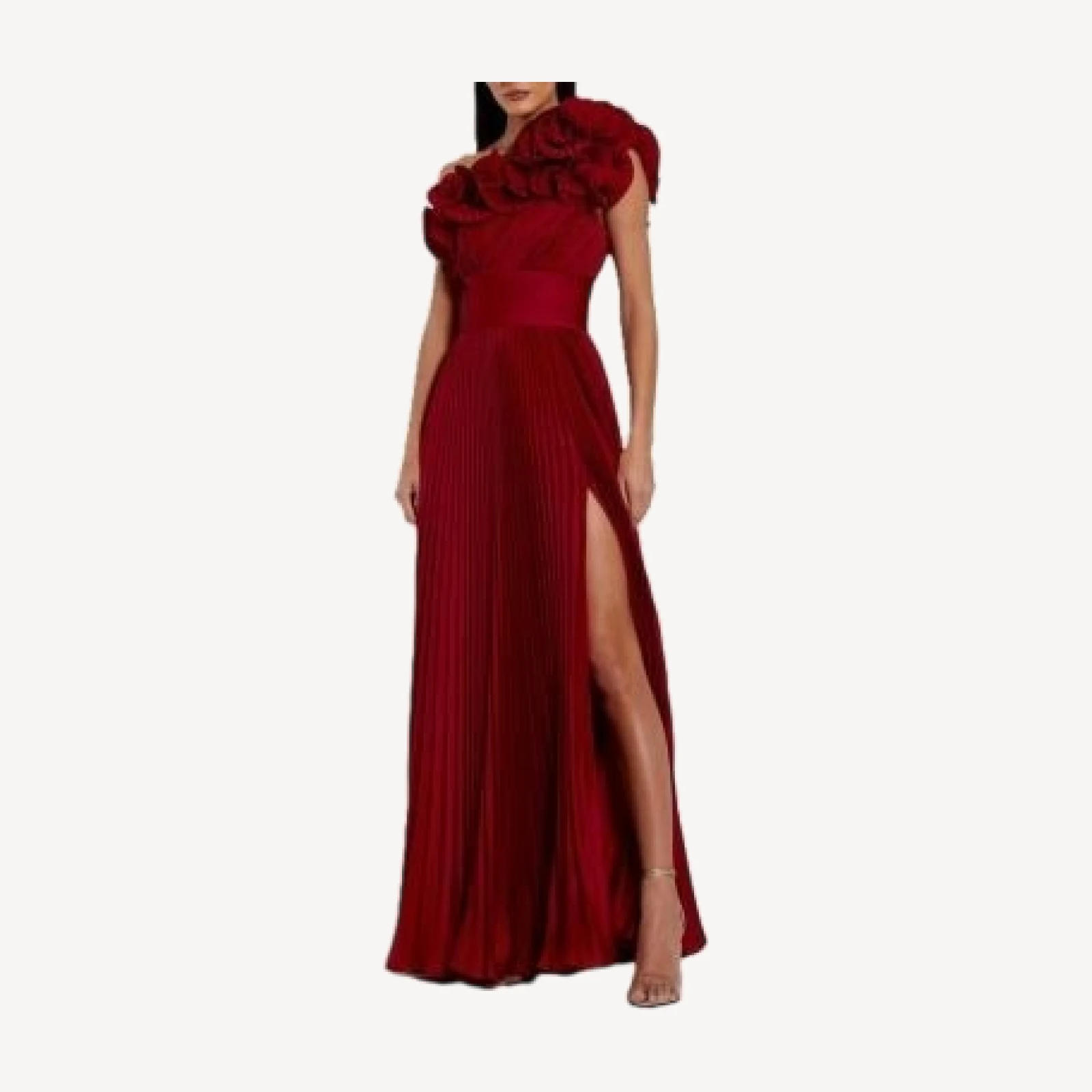 Mac Duggal Pleated Charmeuse One Shoulder Ruffle Gown
