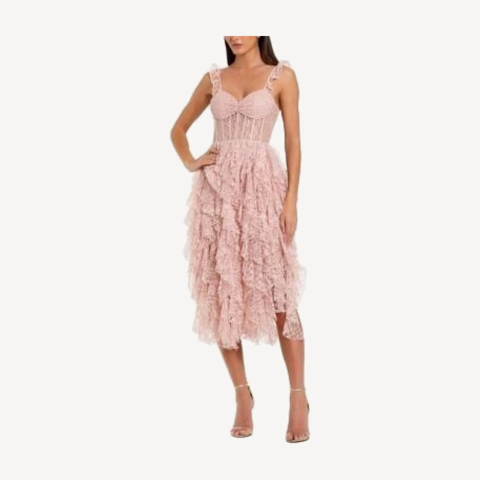 Mac Duggal Lace Bustier Midi Dress with Spiral Ruffles
