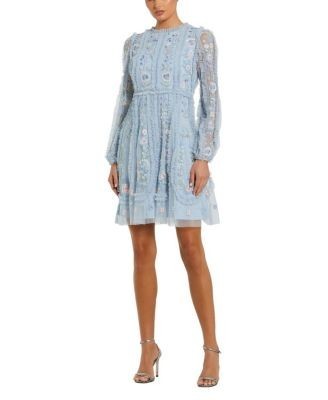 Mac Duggal Long Sleeve Micro Ruffle Mini Dress