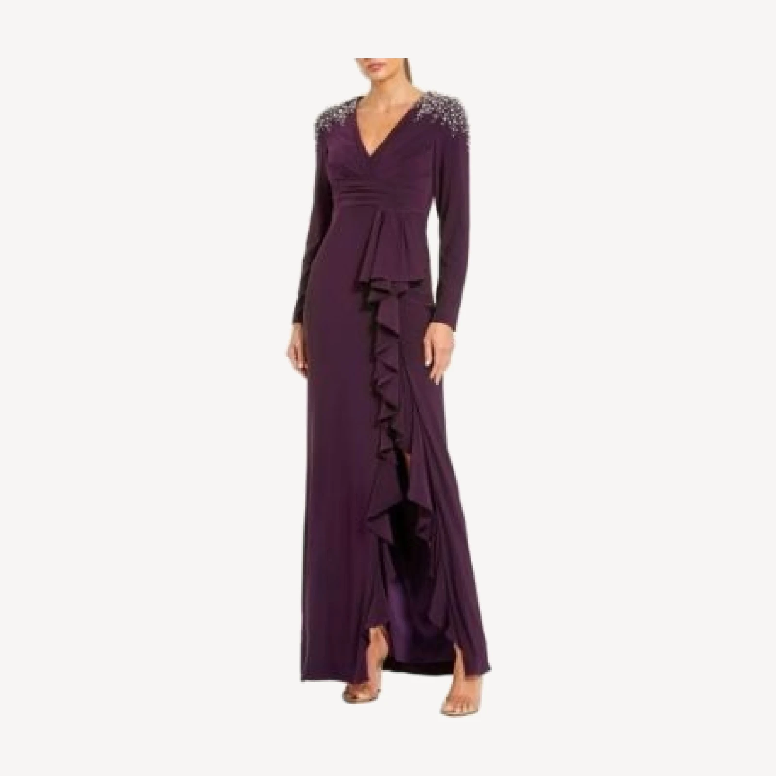 Mac Duggal Long Sleeve Gown with Cascading Ruffle & Rhinestone Shoulders