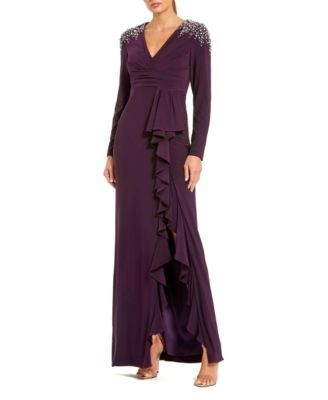 Mac Duggal Long Sleeve Gown with Cascading Ruffle & Rhinestone Shoulders