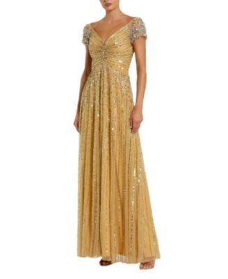 Mac Duggal Striped Sequin Mesh Gown With Beaded Shoulders