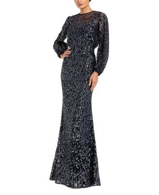Mac Duggal Sequin Long Sleeve Blouson Evening Gown