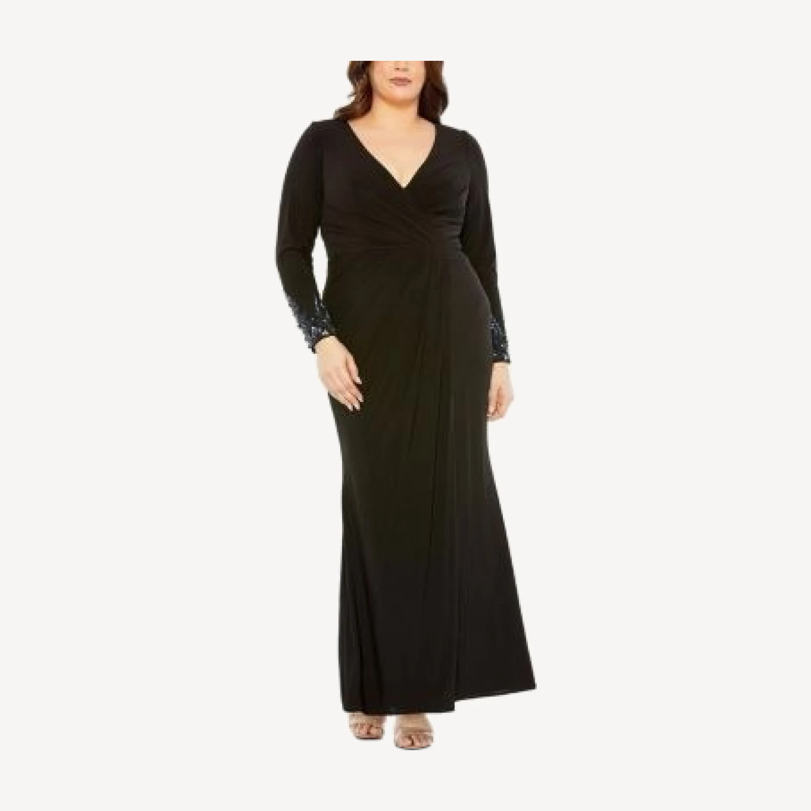 Mac Duggal Plus Long Crystal Detail Sleeve V Neck Gown