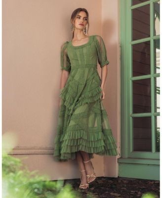 Mac Duggal Short Sleeve Mesh Mirco Ruffle Midi Dress
