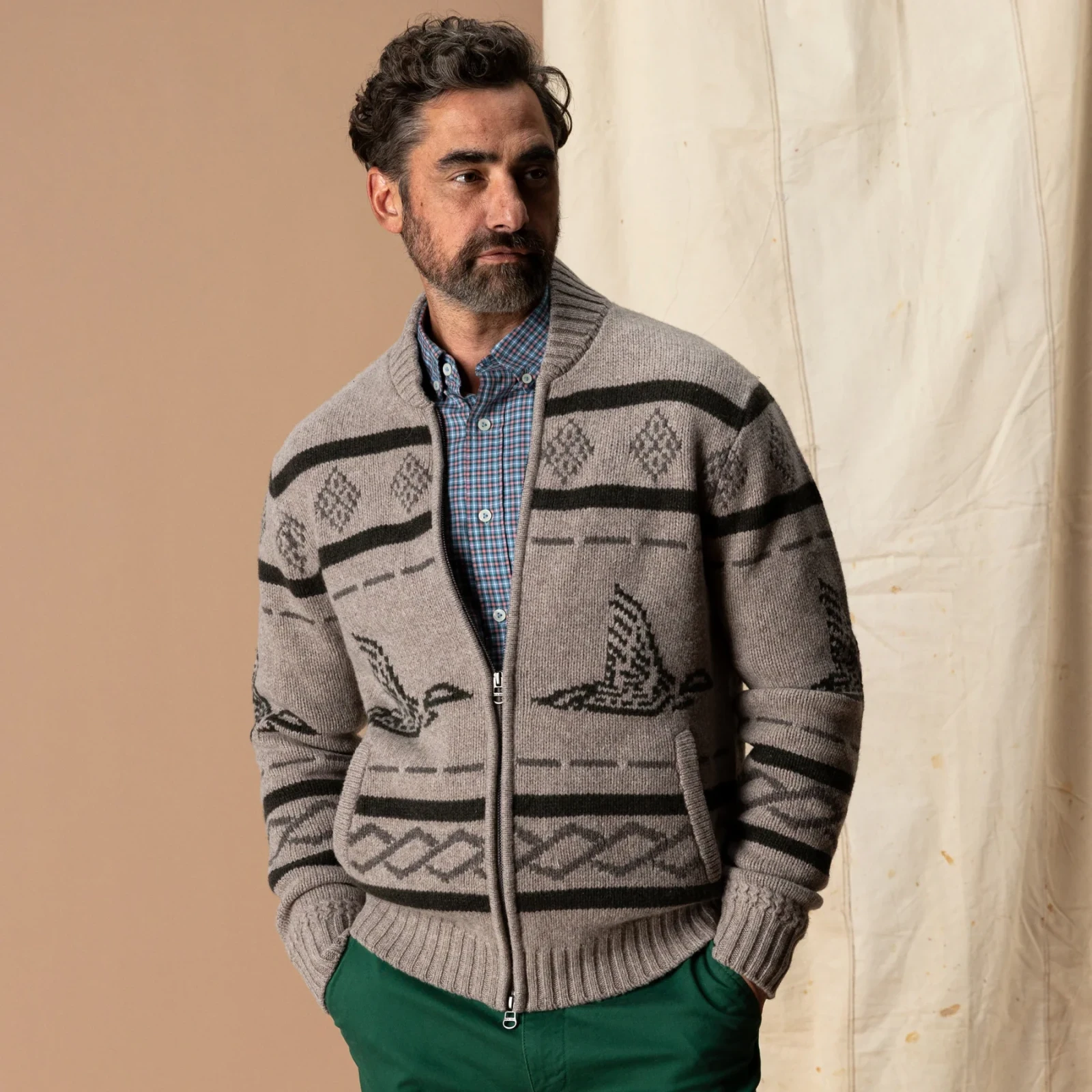 Flying Mallard Merino Intarsia Full Zip Sweater - Clay Heather
