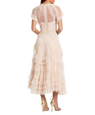 Mac Duggal Flutter Sleeve Mesh Midi Dress with Micro Ruffles