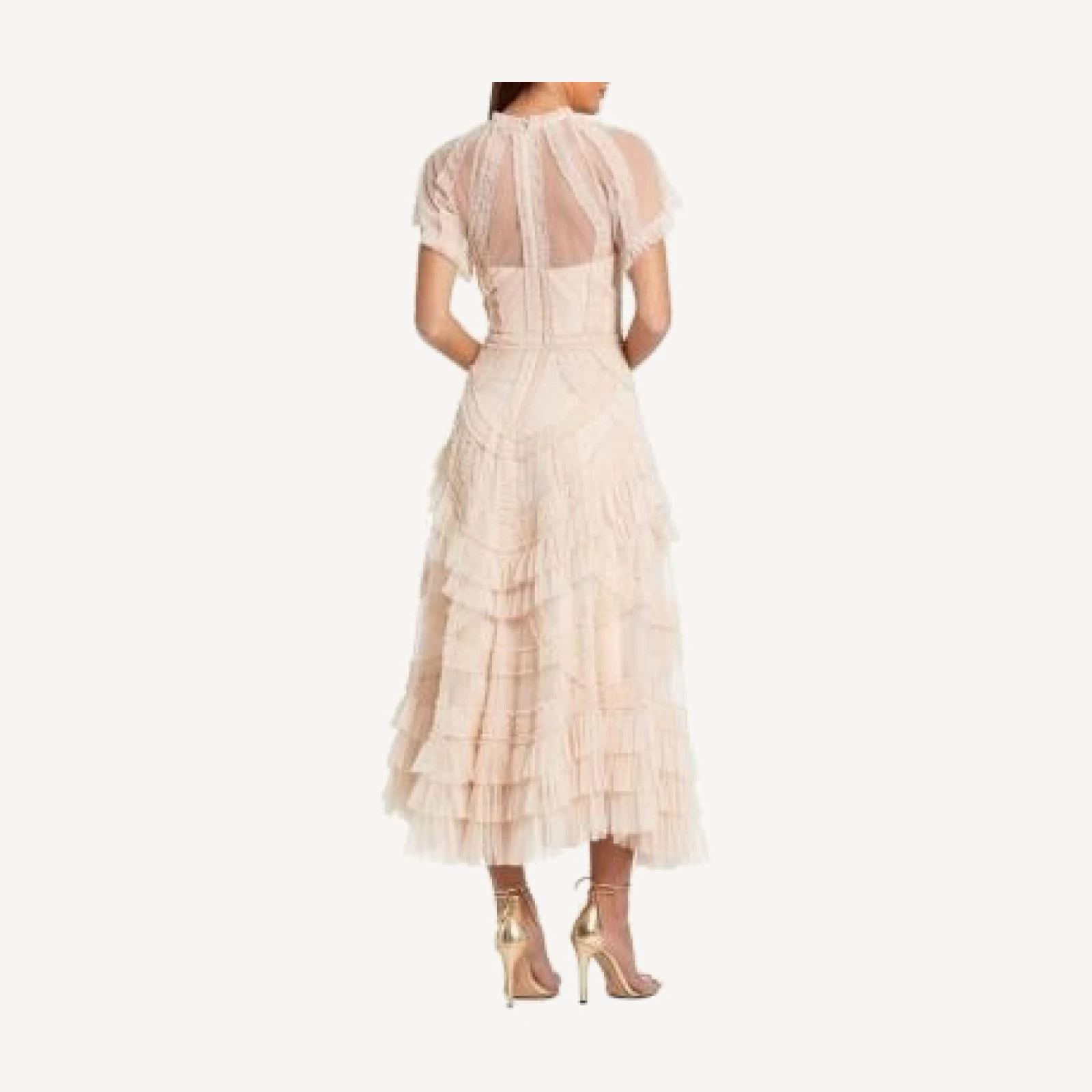 Mac Duggal Flutter Sleeve Mesh Midi Dress with Micro Ruffles