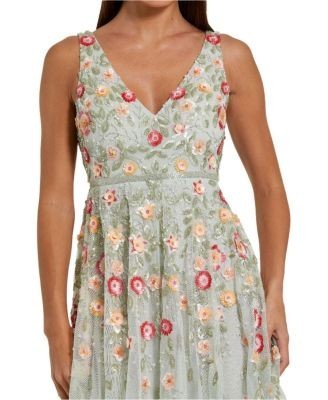 Mac Duggal Floral Embellished V-Neck Midi Dress