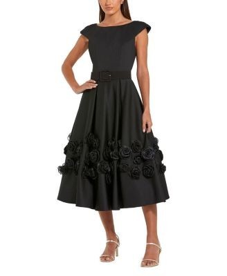Mac Duggal Satin Cap Sleeve A Line Midi Dress With 3D Flowers