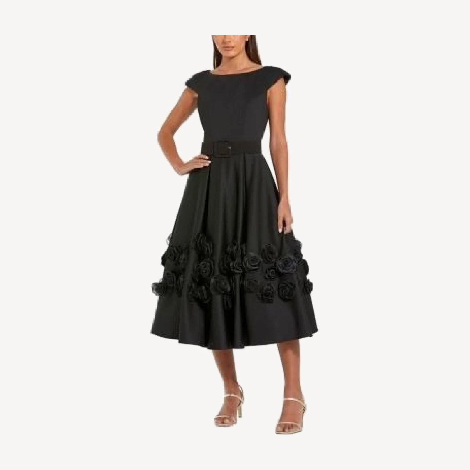 Mac Duggal Satin Cap Sleeve A Line Midi Dress With 3D Flowers