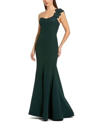 Mac Duggal Crepe One Shoulder Beaded Flower Mermaid Gown