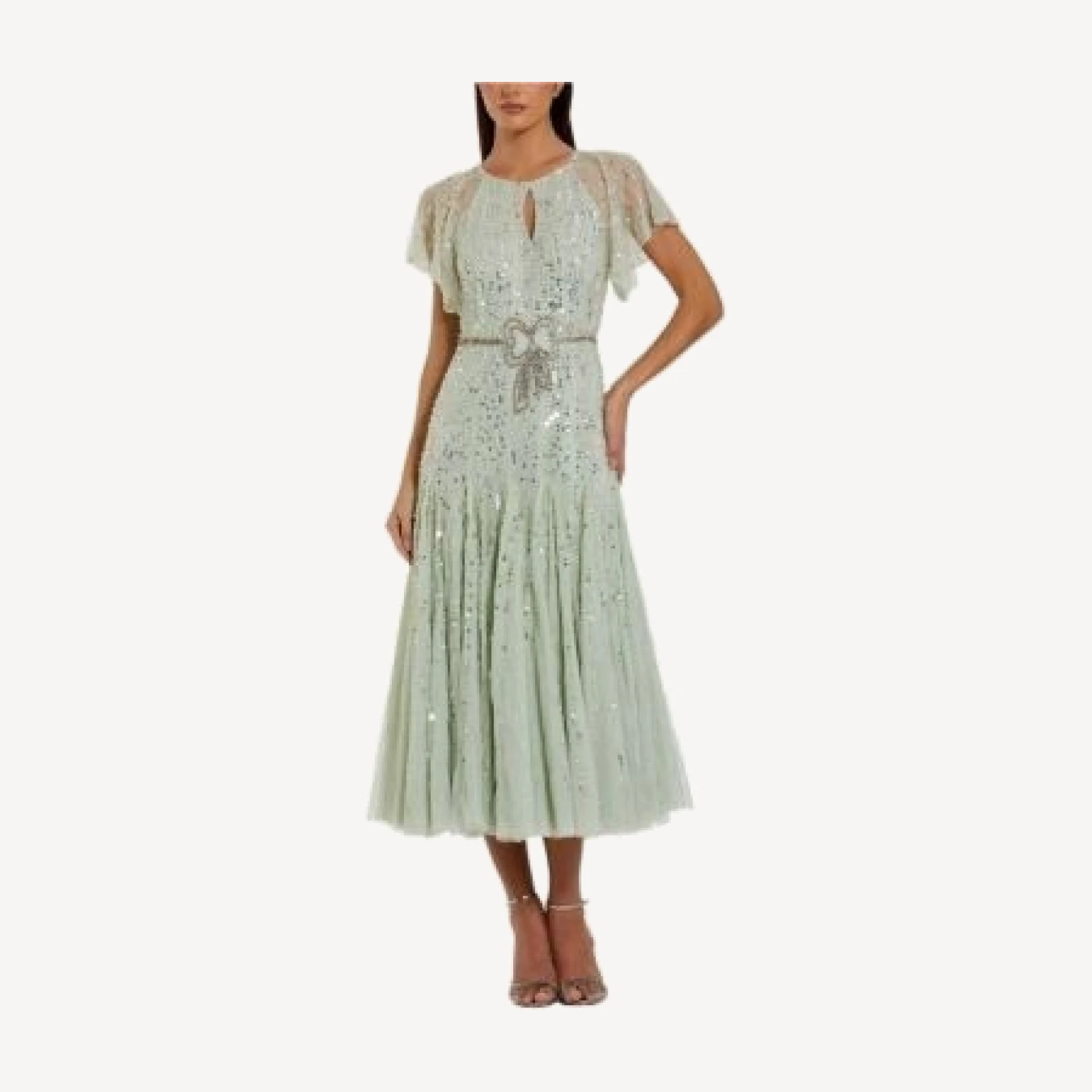 Mac Duggal Beaded Mesh Flutter Sleeve A Line Midi Dress