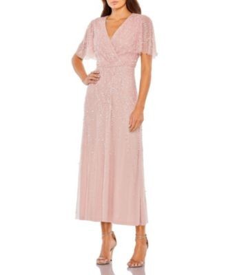 Mac Duggal Beaded Wrap Over Butterfly Sleeve Column Dress