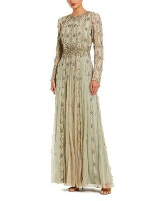 Mac Duggal Embellished Mesh Long Sleeve A Line Gown