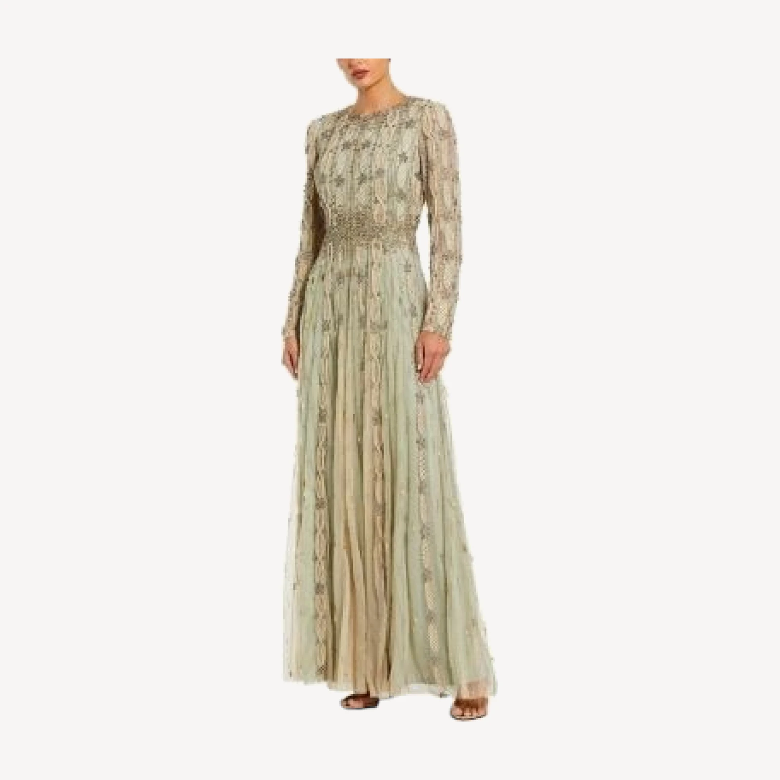 Mac Duggal Embellished Mesh Long Sleeve A Line Gown
