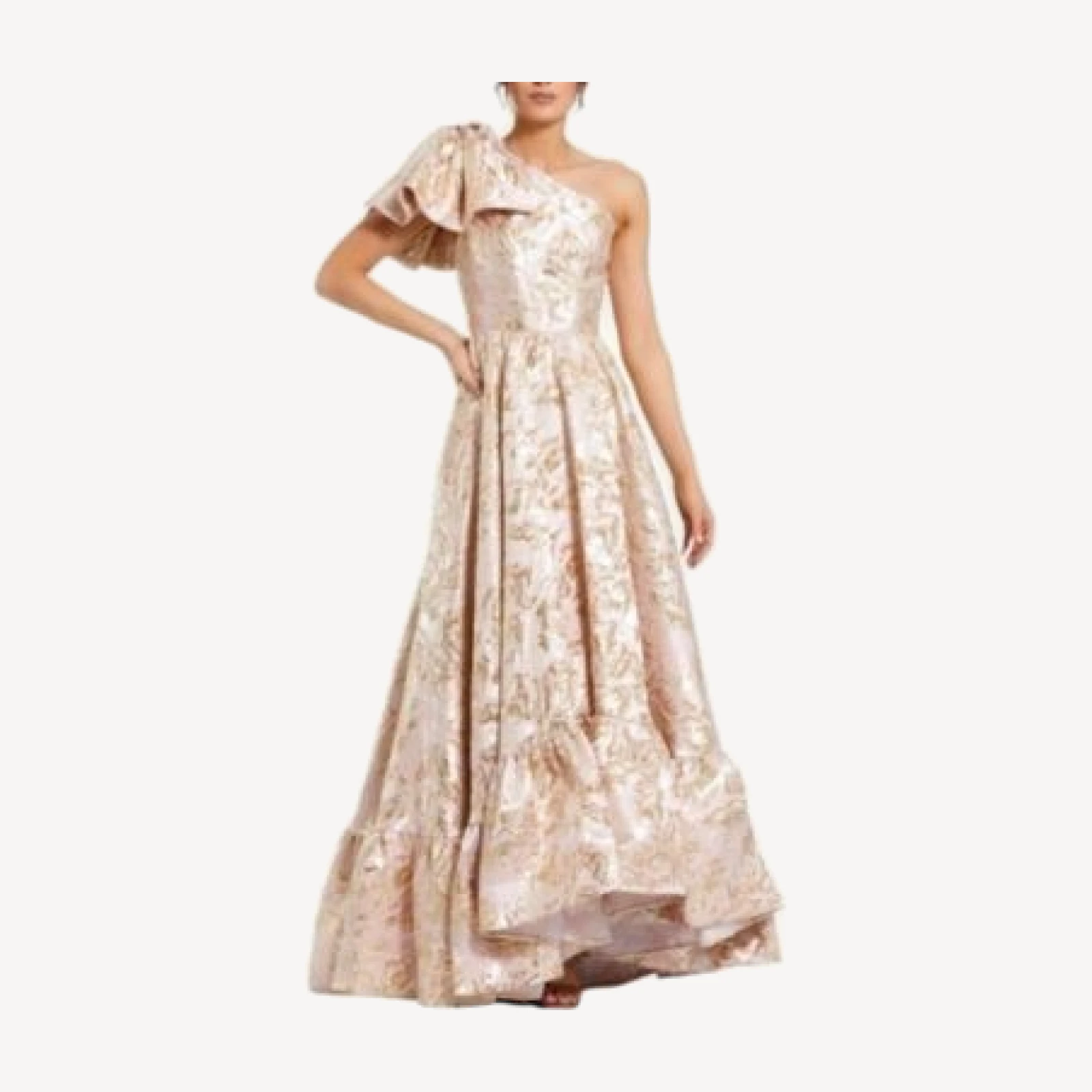 Mac Duggal Floral Brocade One Shoulder High Low Gown With Bow