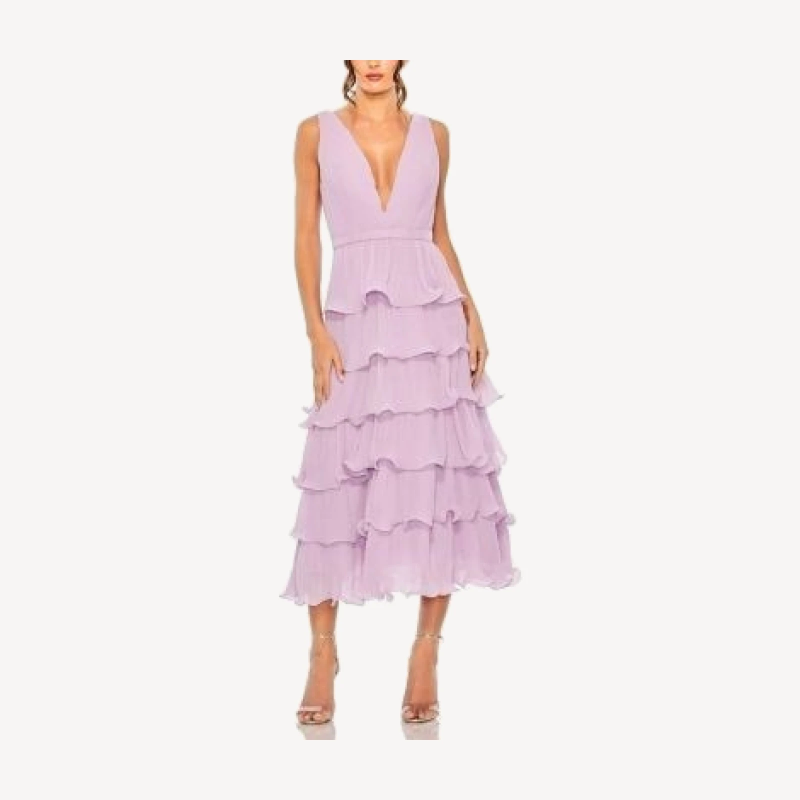 Mac Duggal Deep V Chiffon Sleeveless Ruffle Midi Dress