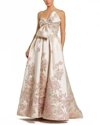 Mac Duggal Brocade Strapless Floral Gown with Bow Detail