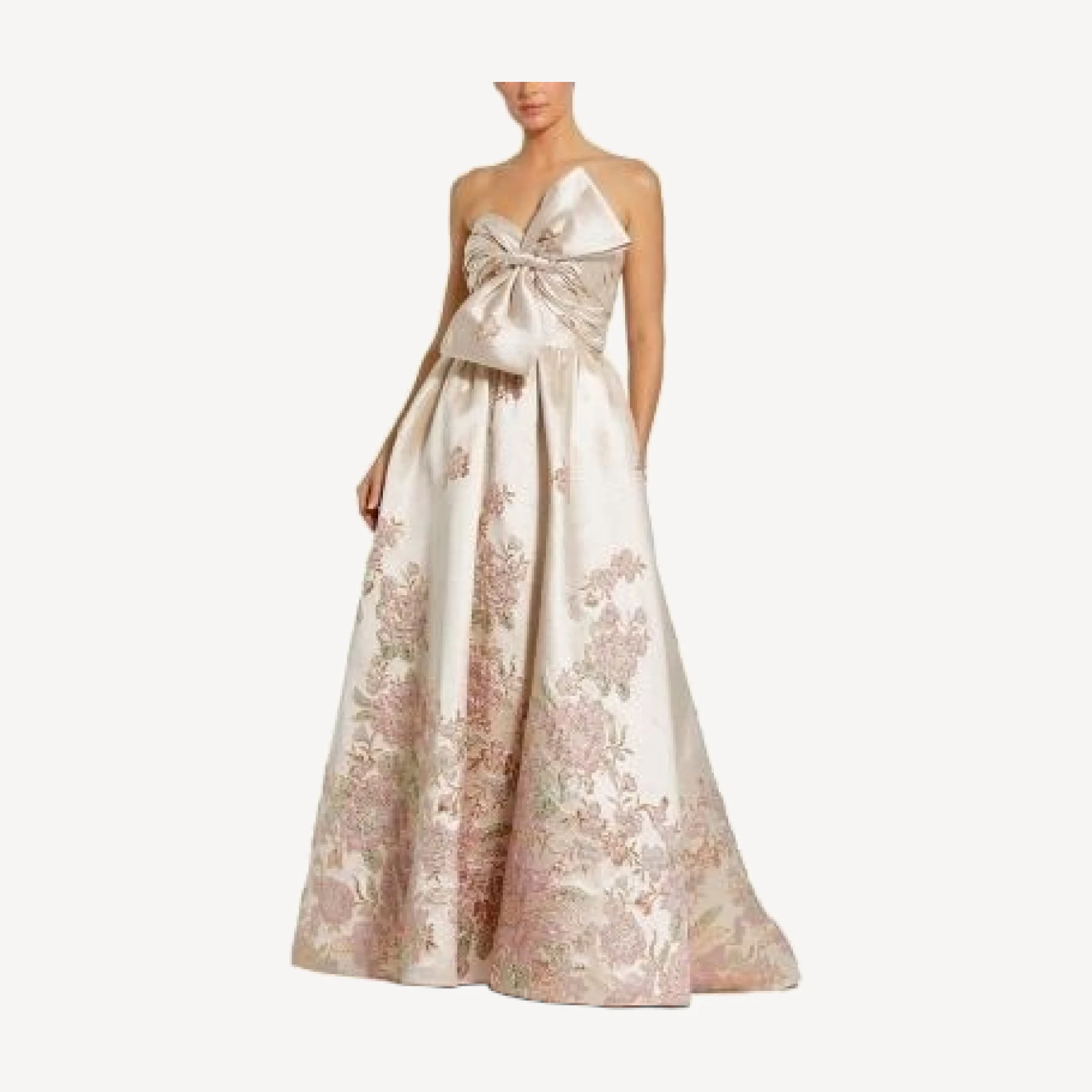 Mac Duggal Brocade Strapless Floral Gown with Bow Detail