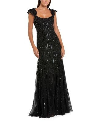 Mac Duggal Sleeveless Mesh Gown with Floral Shoulder Detail