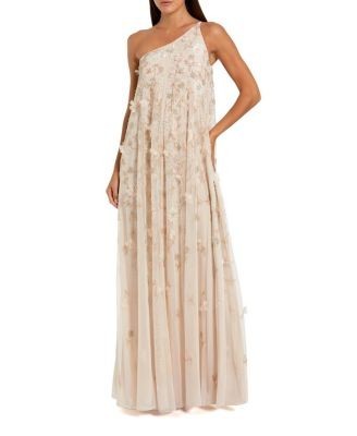 Mac Duggal Floral Embellished Mesh One Shoulder Kaftan Gown