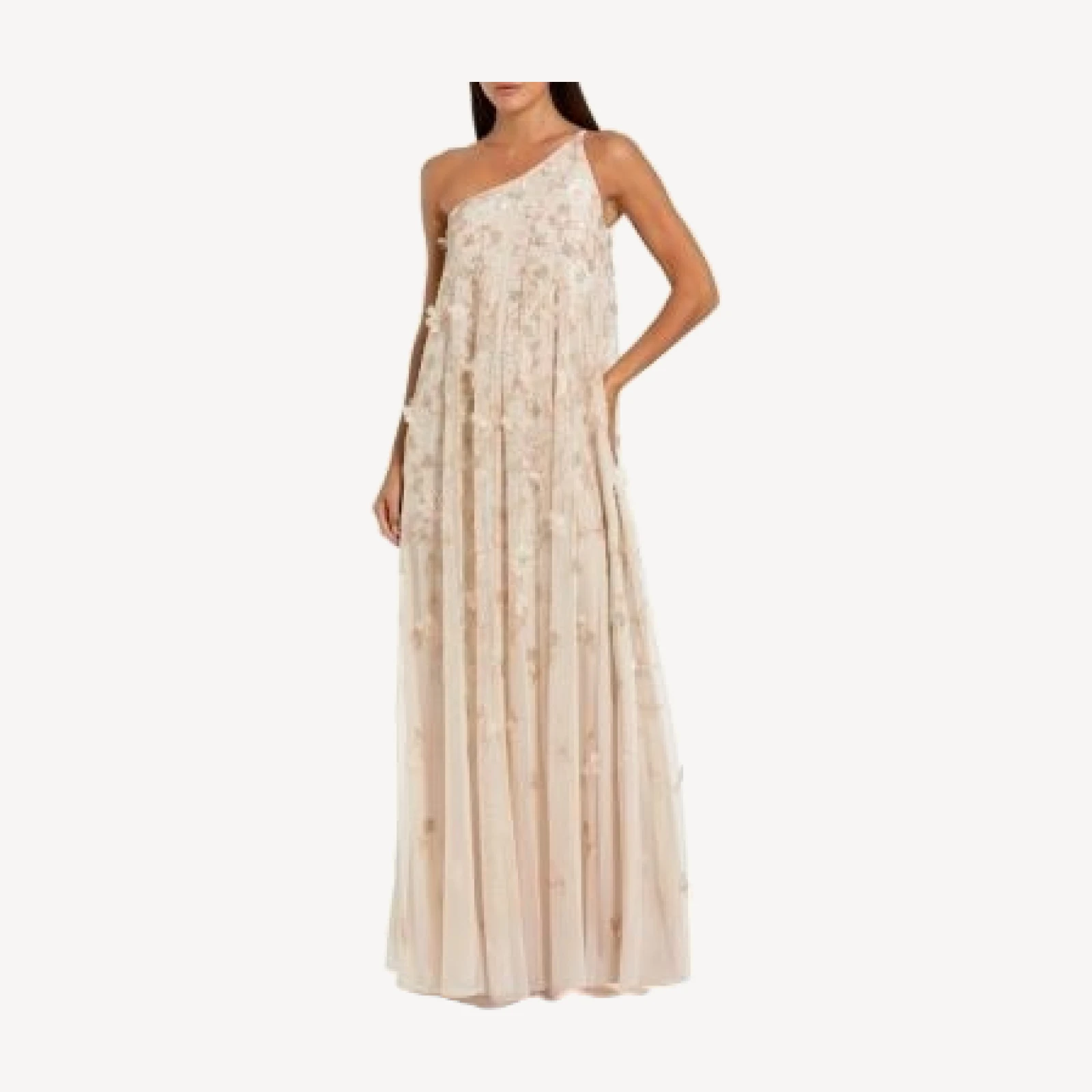 Mac Duggal Floral Embellished Mesh One Shoulder Kaftan Gown