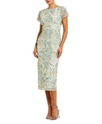 Mac Duggal Embellished Mesh Cap Sleeve Midi Dress