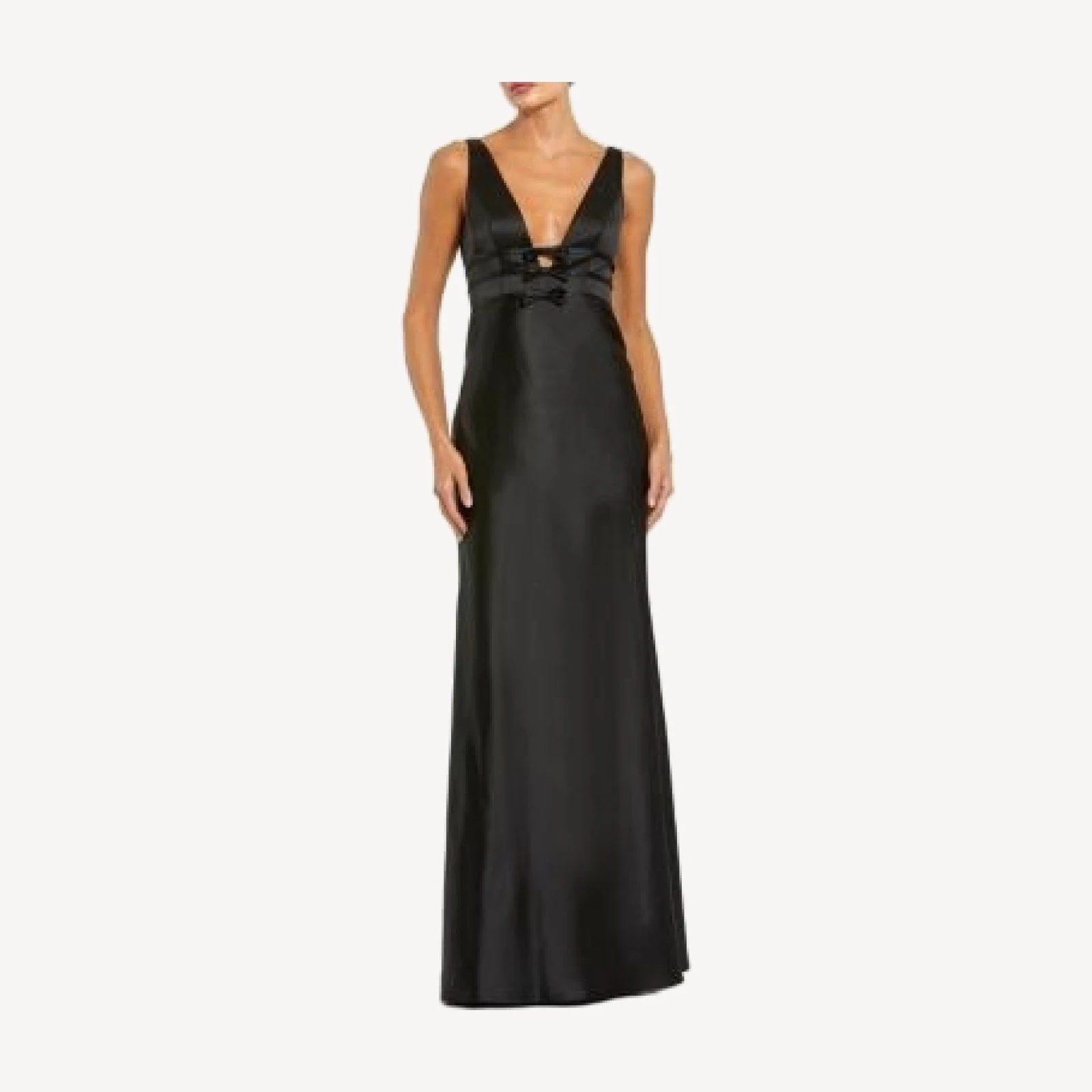 Mac Duggal Sleeveless V Neck Satin Gown with Bow Details