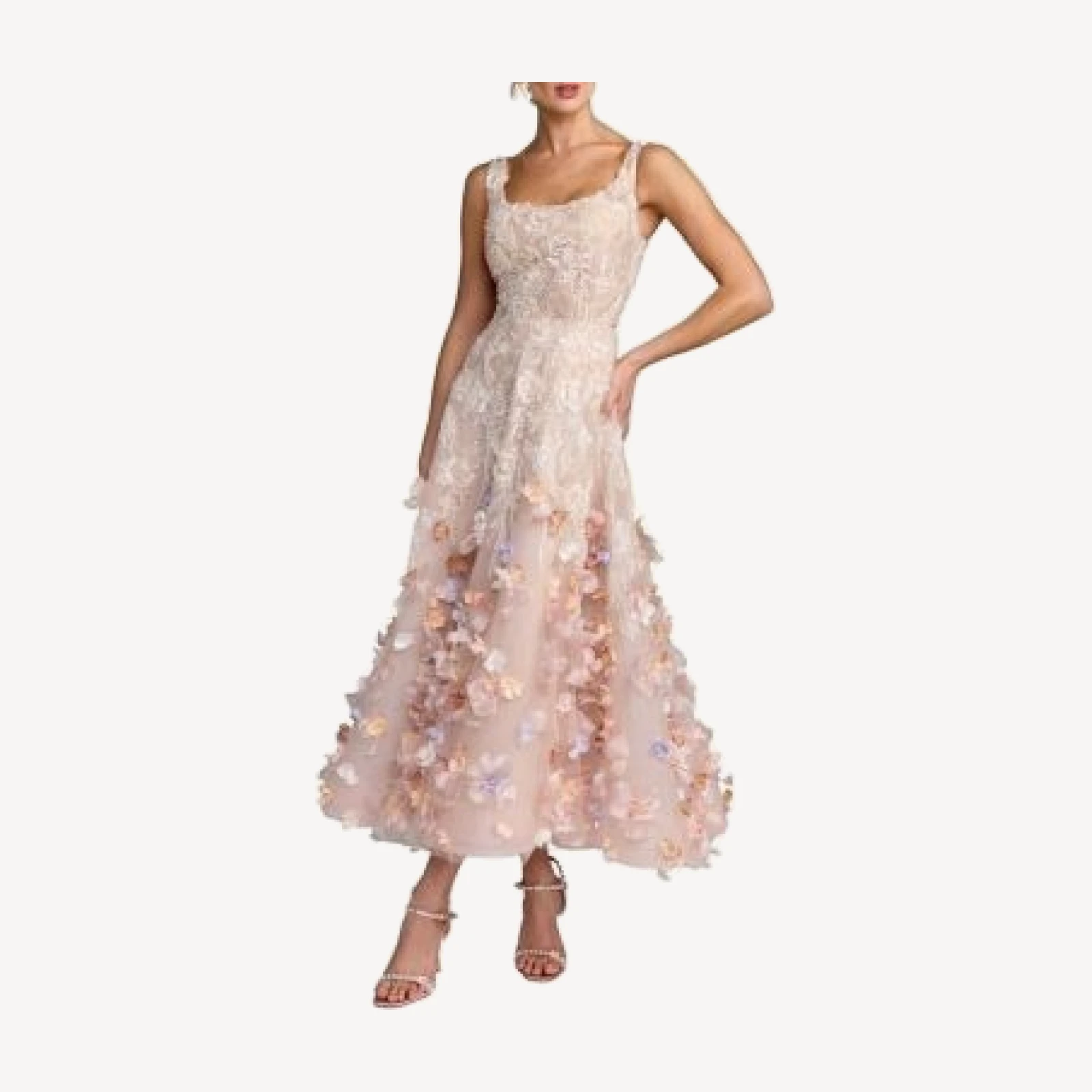 Mac Duggal Sleeveless Beaded With 3D Flowers Midi Dress