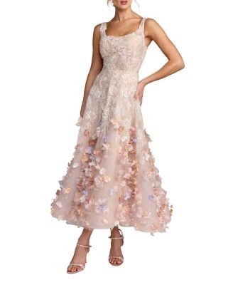 Mac Duggal Sleeveless Beaded With 3D Flowers Midi Dress