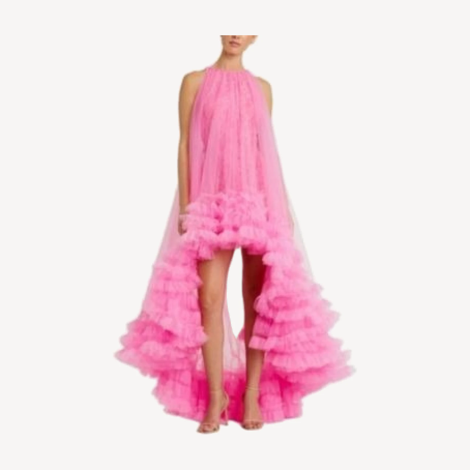Mac Duggal Tulle High Neck Sleeveless Ruffled Hem Hi-Lo Gown