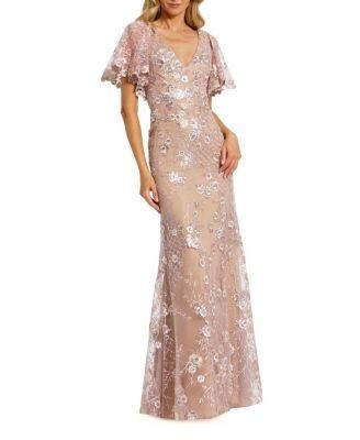 Mac Duggal Embellished Lace V Neck Butterfly Sleeve Gown