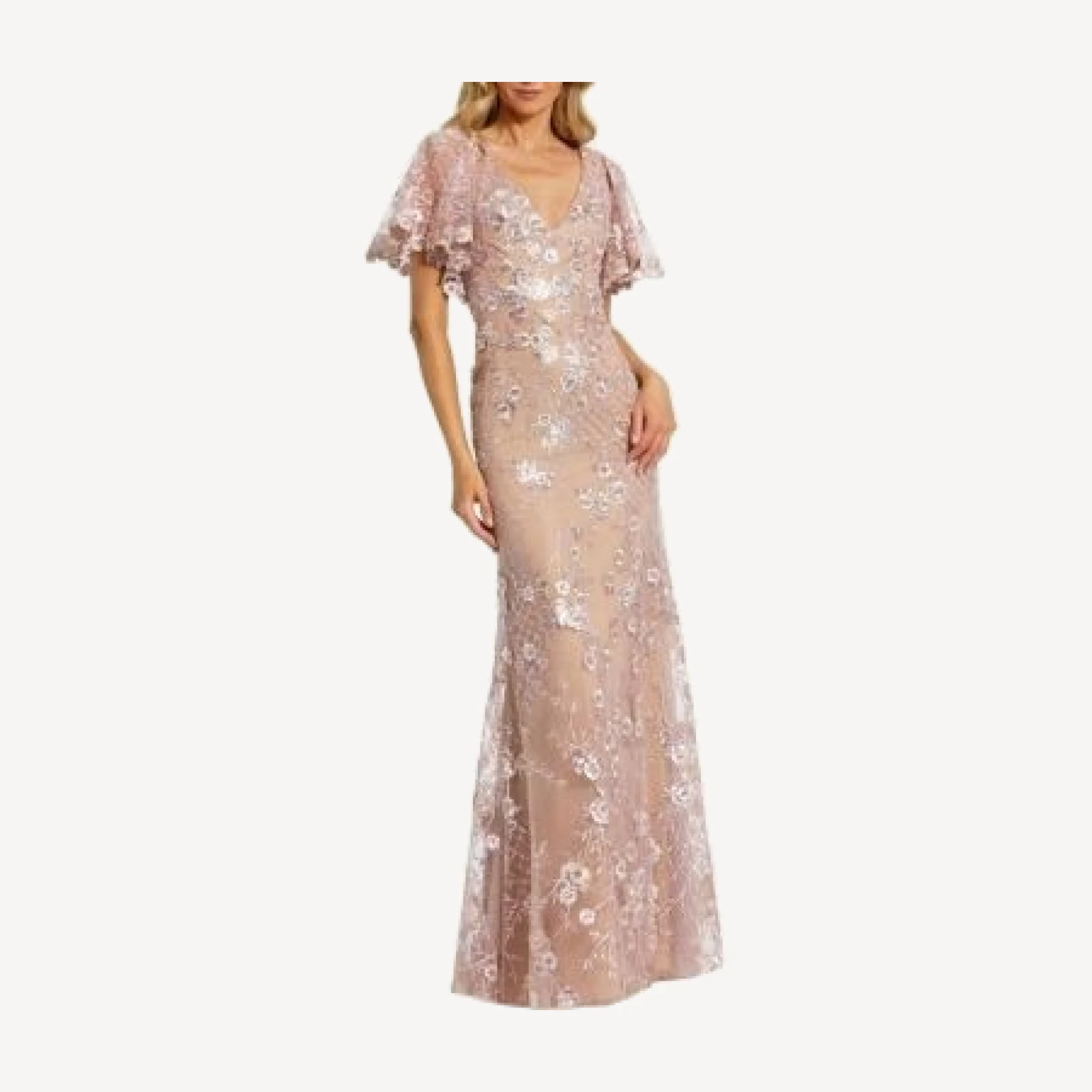 Mac Duggal Embellished Lace V Neck Butterfly Sleeve Gown