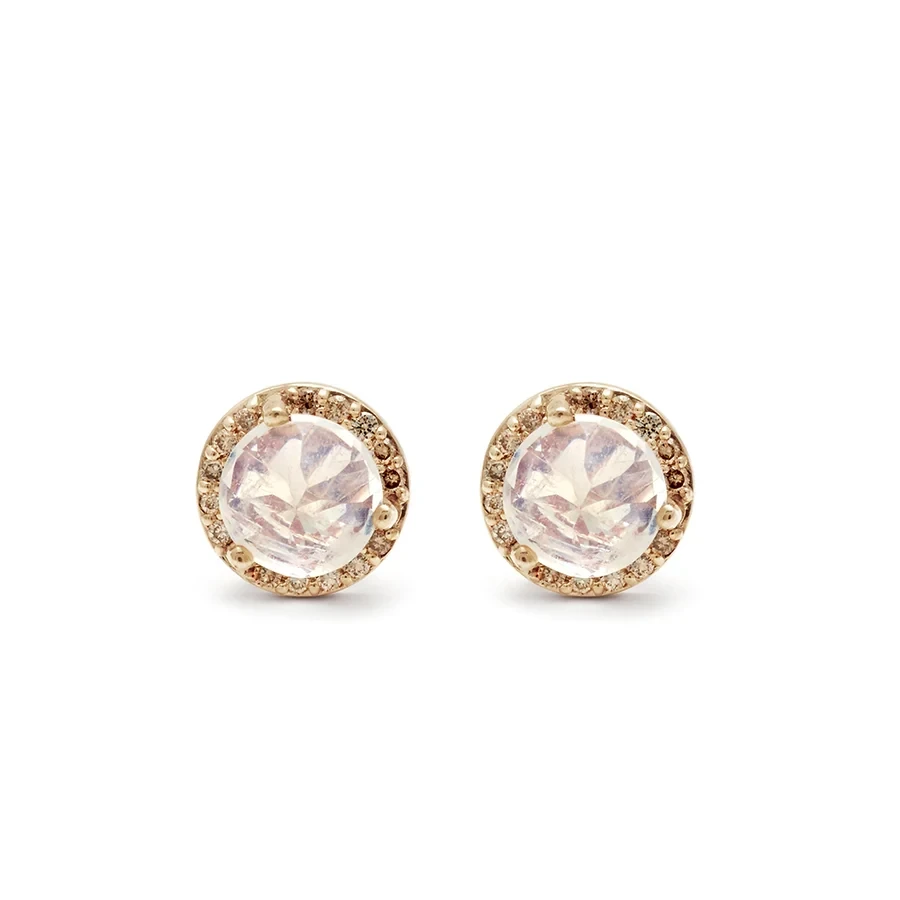 Rosette Stud Earring (Medium) PAIR - 14k Gold, Rainbow Moonstone & Champagne Diamonds