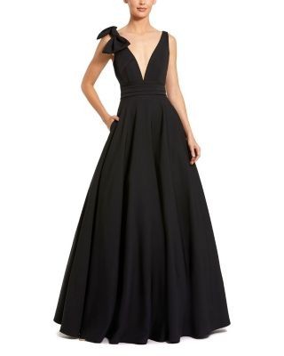 Mac Duggal Crepe Sleeveless Plunge Neck Ballgown with Bow