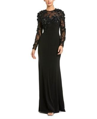 Mac Duggal Jersey Long Sleeve Fitted Gown With Floral Beading