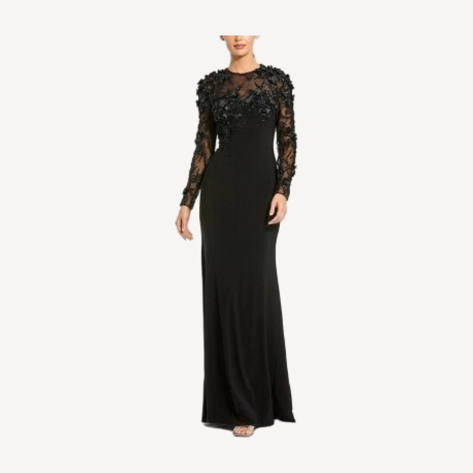 Mac Duggal Jersey Long Sleeve Fitted Gown With Floral Beading